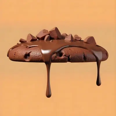 A Chocolate Cookie With Chocolate Syrup Dripping Down And Chocolate Crumbs On Top Floating In A Brown Background 31 1fdd