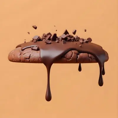 A Chocolate Cookie With Chocolate Syrup Dripping Down And Chocolate Crumbs On Top Floating In A Brown Background 32 D56f