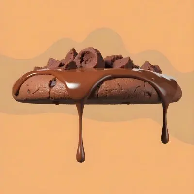 A Chocolate Cookie With Chocolate Syrup Dripping Down And Chocolate Crumbs On Top Floating In A Brown Background 33 6e05