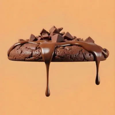 A Chocolate Cookie With Chocolate Syrup Dripping Down And Chocolate Crumbs On Top Floating In A Brown Background 35 58d5