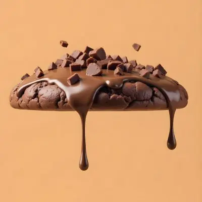 A Chocolate Cookie With Chocolate Syrup Dripping Down And Chocolate Crumbs On Top Floating In A Brown Background 4 40c5