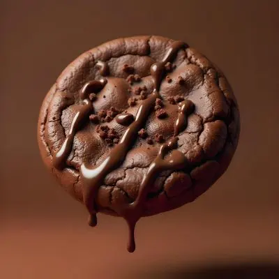 A Chocolate Cookie With Chocolate Syrup Dripping Down And Chocolate Crumbs On Top Floating In A Brown Background 5 1222