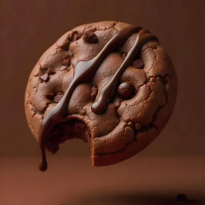 A Chocolate Cookie With Chocolate Syrup Dripping Down And Chocolate Crumbs On Top Floating In A Brown Background 9 798d