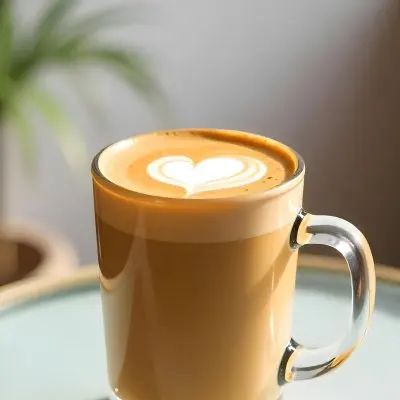 A Clear Glass Mug Filled With Latte Art Featuring A Heart Design On A Glass Table With A White Wall Background And Sunlight 16 09e5