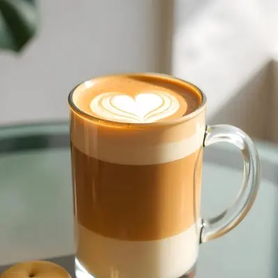 A Clear Glass Mug Filled With Latte Art Featuring A Heart Design On A Glass Table With A White Wall Background And Sunlight 2 5488