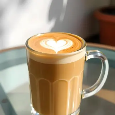 A Clear Glass Mug Filled With Latte Art Featuring A Heart Design On A Glass Table With A White Wall Background And Sunlight 28 4d0b