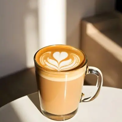 A Clear Glass Mug Filled With Latte Art Featuring A Heart Design On A Glass Table With A White Wall Background And Sunlight 35 B943