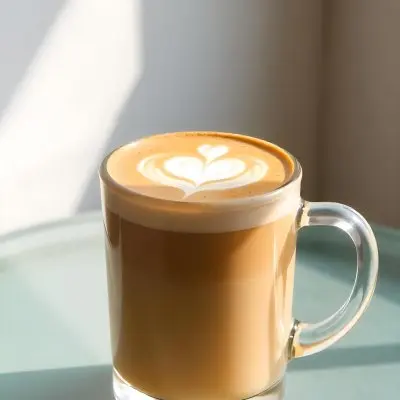 A Clear Glass Mug Filled With Latte Art Featuring A Heart Design On A Glass Table With A White Wall Background And Sunlight 41 08bb