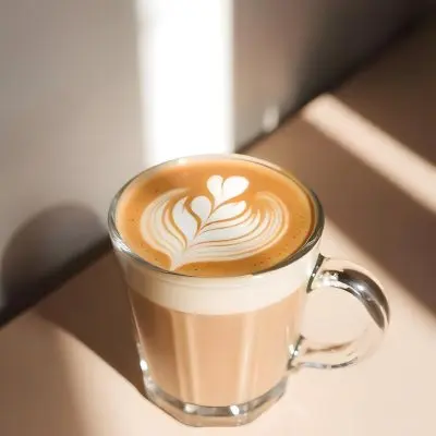 A Clear Glass Mug Filled With Latte Art Featuring A Heart Design On A Glass Table With A White Wall Background And Sunlight 5 4d52