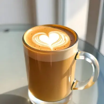 A Clear Glass Mug Filled With Latte Art Featuring A Heart Design On A Glass Table With A White Wall Background And Sunlight 8 9111