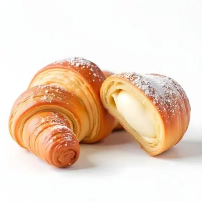 A Croissant And A Half Croissant Filled With Cream Both Covered With Sugar On A White Background 16 0fa4
