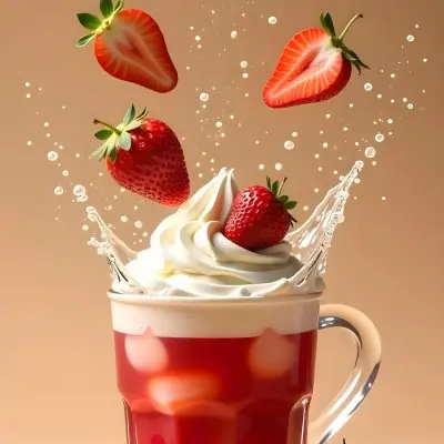 A Cup Of Water With Whipped Cream And Strawberries Water Splash Beige Background Studio Shot Product Photography High Resolution Hyper Detailed 8k 11 8ac5