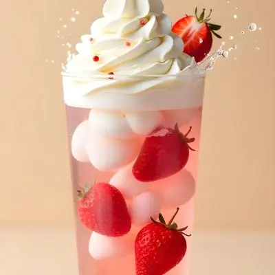 A Cup Of Water With Whipped Cream And Strawberries Water Splash Beige Background Studio Shot Product Photography High Resolution Hyper Detailed 8k 14 063b