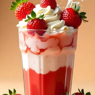 A Cup Of Water With Whipped Cream And Strawberries Water Splash Beige Background Studio Shot Product Photography High Resolution Hyper Detailed 8k 20 008a