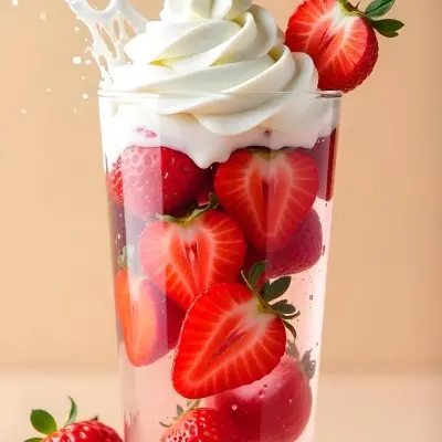 A Cup Of Water With Whipped Cream And Strawberries Water Splash Beige Background Studio Shot Product Photography High Resolution Hyper Detailed 8k 21 C91e
