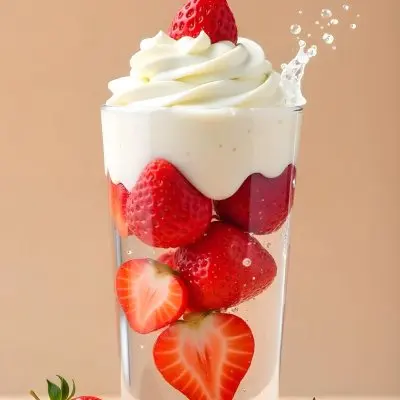 A Cup Of Water With Whipped Cream And Strawberries Water Splash Beige Background Studio Shot Product Photography High Resolution Hyper Detailed 8k 29 04fd