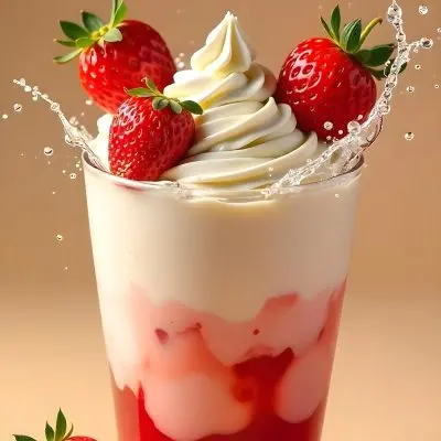 A Cup Of Water With Whipped Cream And Strawberries Water Splash Beige Background Studio Shot Product Photography High Resolution Hyper Detailed 8k 3 E26a