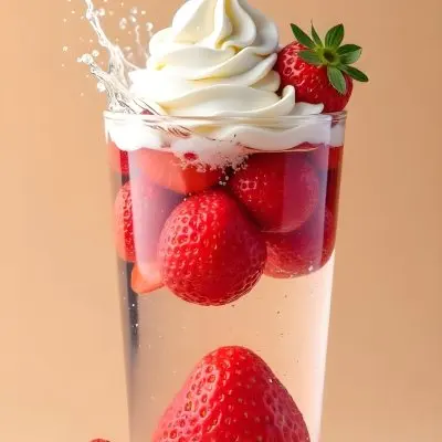 A Cup Of Water With Whipped Cream And Strawberries Water Splash Beige Background Studio Shot Product Photography High Resolution Hyper Detailed 8k 32 07bd