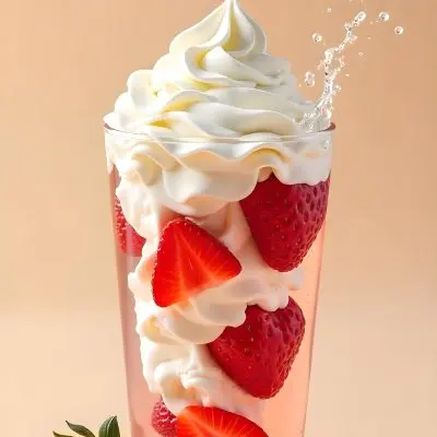 A Cup Of Water With Whipped Cream And Strawberries Water Splash Beige Background Studio Shot Product Photography High Resolution Hyper Detailed 8k 35 6b60