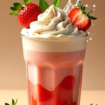 A Cup Of Water With Whipped Cream And Strawberries Water Splash Beige Background Studio Shot Product Photography High Resolution Hyper Detailed 8k 4 9fe2