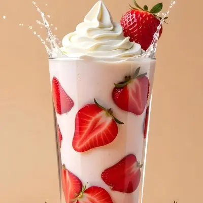 A Cup Of Water With Whipped Cream And Strawberries Water Splash Beige Background Studio Shot Product Photography High Resolution Hyper Detailed 8k 7 3c9e