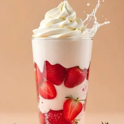 A Cup Of Water With Whipped Cream And Strawberries Water Splash Beige Background Studio Shot Product Photography High Resolution Hyper Detailed 8k 8 A718