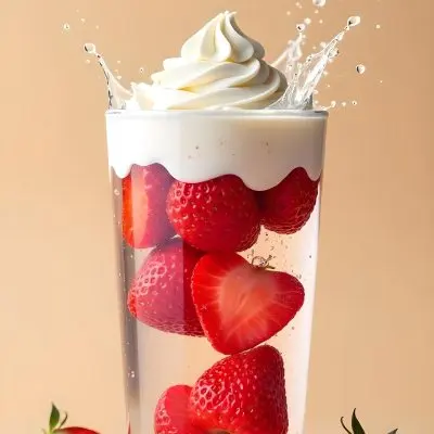 A Cup Of Water With Whipped Cream And Strawberries Water Splash Beige Background Studio Shot Product Photography High Resolution Hyper Detailed 8k 9 669b