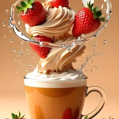 A Cup Of Water With Whipped Cream And Strawberries Water Splash Brown Background Studio Shot Food Photography High Detail Realistic Rendering Vibrant Colors Delicious Appetizing 10 0d7f