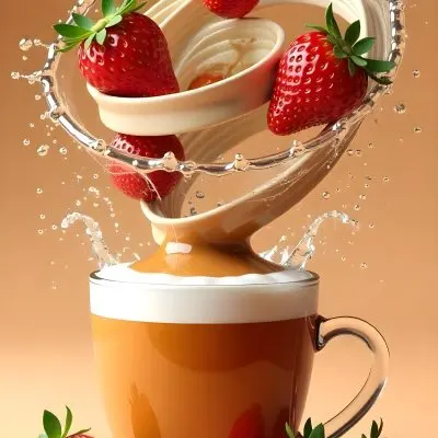 A Cup Of Water With Whipped Cream And Strawberries Water Splash Brown Background Studio Shot Food Photography High Detail Realistic Rendering Vibrant Colors Delicious Appetizing 12 9ebf