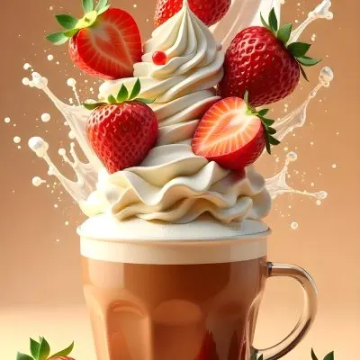 A Cup Of Water With Whipped Cream And Strawberries Water Splash Brown Background Studio Shot Food Photography High Detail Realistic Rendering Vibrant Colors Delicious Appetizing 16 8f00