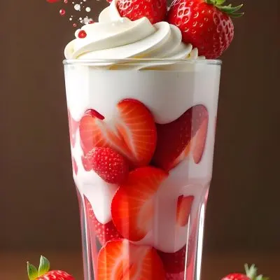 A Cup Of Water With Whipped Cream And Strawberries Water Splash Brown Background Studio Shot Food Photography High Detail Realistic Rendering Vibrant Colors Delicious Appetizing 17 2c97