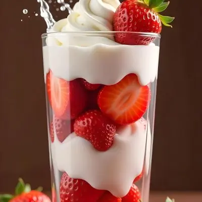A Cup Of Water With Whipped Cream And Strawberries Water Splash Brown Background Studio Shot Food Photography High Detail Realistic Rendering Vibrant Colors Delicious Appetizing 19 7a93
