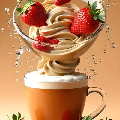 A Cup Of Water With Whipped Cream And Strawberries Water Splash Brown Background Studio Shot Food Photography High Detail Realistic Rendering Vibrant Colors Delicious Appetizing 24 3a56