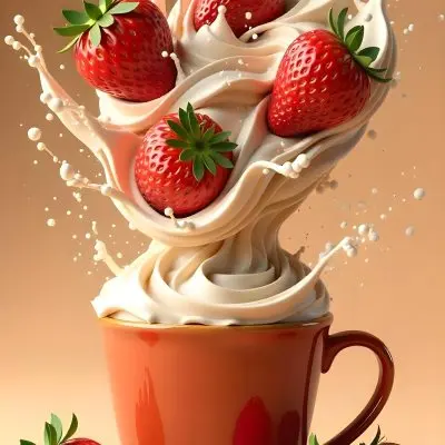 A Cup Of Water With Whipped Cream And Strawberries Water Splash Brown Background Studio Shot Food Photography High Detail Realistic Rendering Vibrant Colors Delicious Appetizing 26 6d25