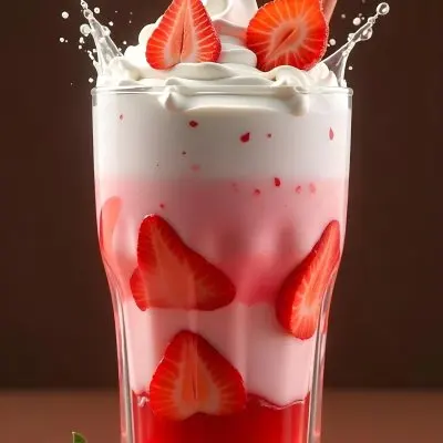 A Cup Of Water With Whipped Cream And Strawberries Water Splash Brown Background Studio Shot Food Photography High Detail Realistic Rendering Vibrant Colors Delicious Appetizing 27 Bf1f
