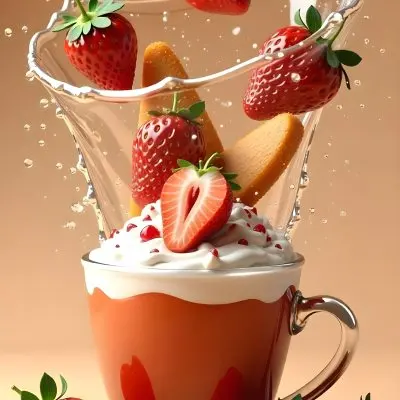 A Cup Of Water With Whipped Cream And Strawberries Water Splash Brown Background Studio Shot Food Photography High Detail Realistic Rendering Vibrant Colors Delicious Appetizing 32 6d60