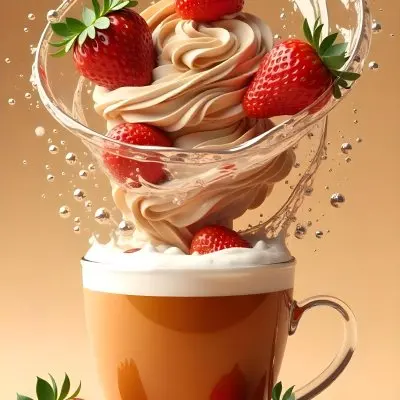 A Cup Of Water With Whipped Cream And Strawberries Water Splash Brown Background Studio Shot Food Photography High Detail Realistic Rendering Vibrant Colors Delicious Appetizing 34 0750