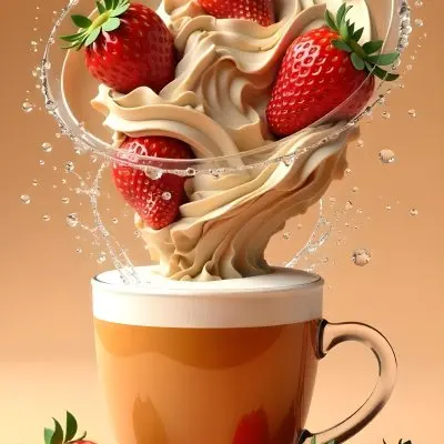 A Cup Of Water With Whipped Cream And Strawberries Water Splash Brown Background Studio Shot Food Photography High Detail Realistic Rendering Vibrant Colors Delicious Appetizing 4 7758
