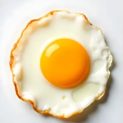 A Fried Egg With A Bright Yellow Yolk And Translucent White On A White Surface Top Down View Studio Lighting Food Photography 40 481a