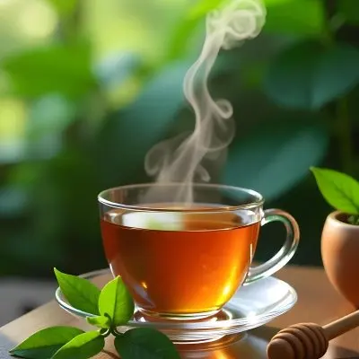 A Glass Cup With Tea On A Glass Table Steam Coming Out Of The Cup Green Plants In The Background Honey Dipper And Bowl With Honey 11 9fd3
