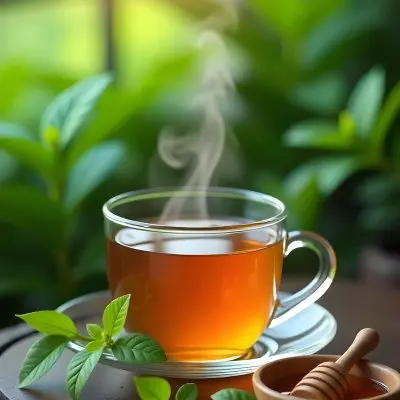 A Glass Cup With Tea On A Glass Table Steam Coming Out Of The Cup Green Plants In The Background Honey Dipper And Bowl With Honey 14 Efad
