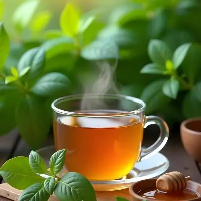 A Glass Cup With Tea On A Glass Table Steam Coming Out Of The Cup Green Plants In The Background Honey Dipper And Bowl With Honey 15 Ac89