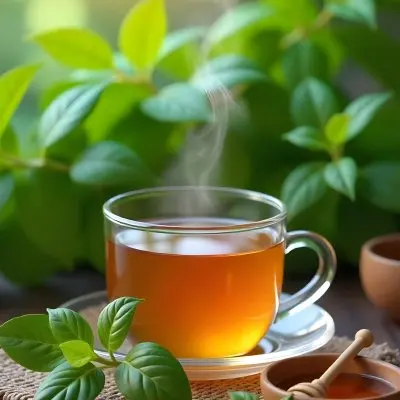 A Glass Cup With Tea On A Glass Table Steam Coming Out Of The Cup Green Plants In The Background Honey Dipper And Bowl With Honey 16 0601