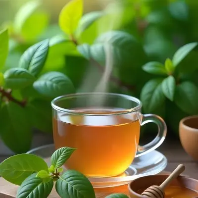 A Glass Cup With Tea On A Glass Table Steam Coming Out Of The Cup Green Plants In The Background Honey Dipper And Bowl With Honey 17 4b31