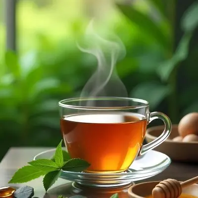 A Glass Cup With Tea On A Glass Table Steam Coming Out Of The Cup Green Plants In The Background Honey Dipper And Bowl With Honey 21 6f85