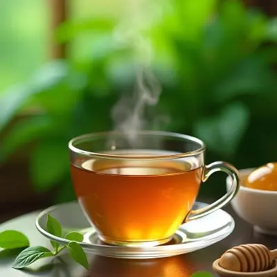 A Glass Cup With Tea On A Glass Table Steam Coming Out Of The Cup Green Plants In The Background Honey Dipper And Bowl With Honey 22 4b78