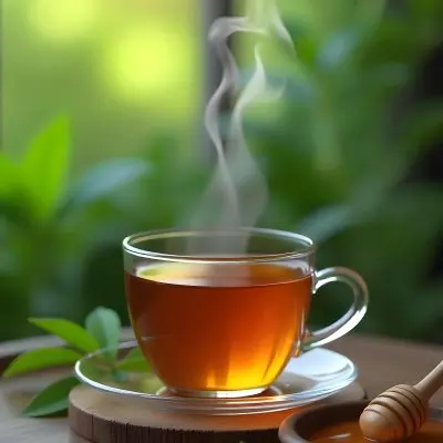 A Glass Cup With Tea On A Glass Table Steam Coming Out Of The Cup Green Plants In The Background Honey Dipper And Bowl With Honey 23 78bf