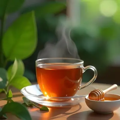A Glass Cup With Tea On A Glass Table Steam Coming Out Of The Cup Green Plants In The Background Honey Dipper And Bowl With Honey 3 5de4
