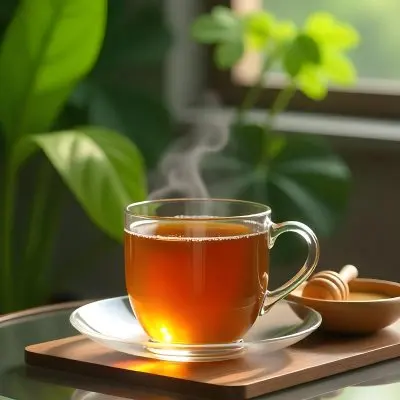 A Glass Cup With Tea On A Glass Table Steam Coming Out Of The Cup Green Plants In The Background Honey Dipper And Bowl With Honey 4 5da1