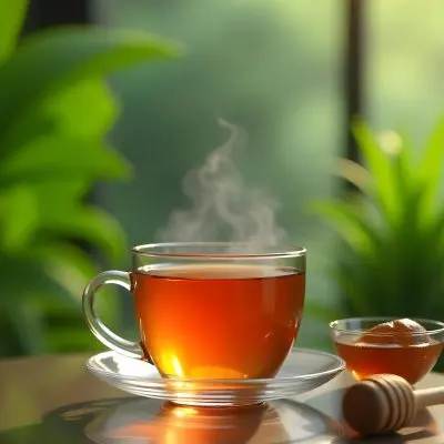 A Glass Cup With Tea On A Glass Table Steam Coming Out Of The Cup Green Plants In The Background Honey Dipper And Bowl With Honey 6 4ab0